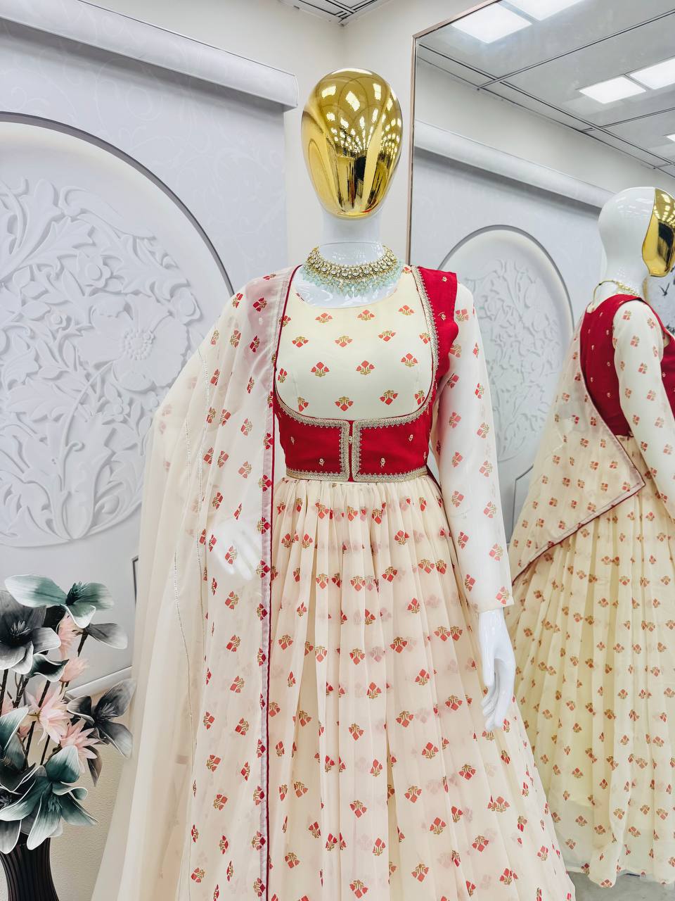 Amazing White Georgette Print Work Gown With Koti