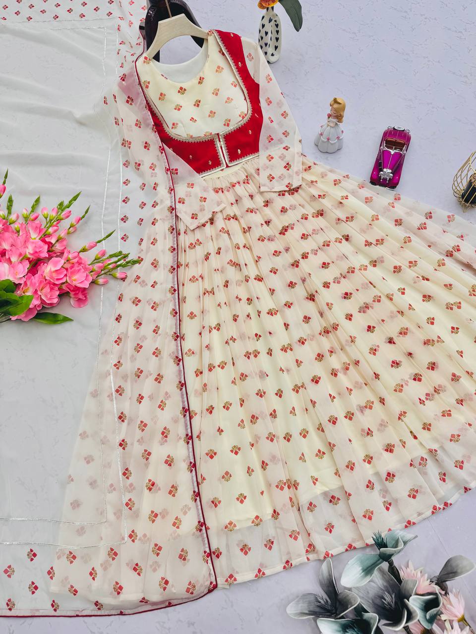 Amazing White Georgette Print Work Gown With Koti