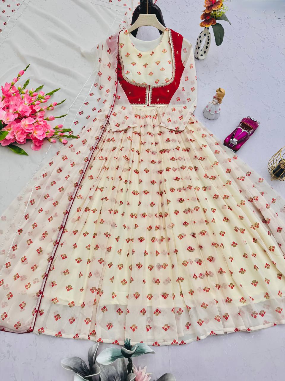 Amazing White Georgette Print Work Gown With Koti