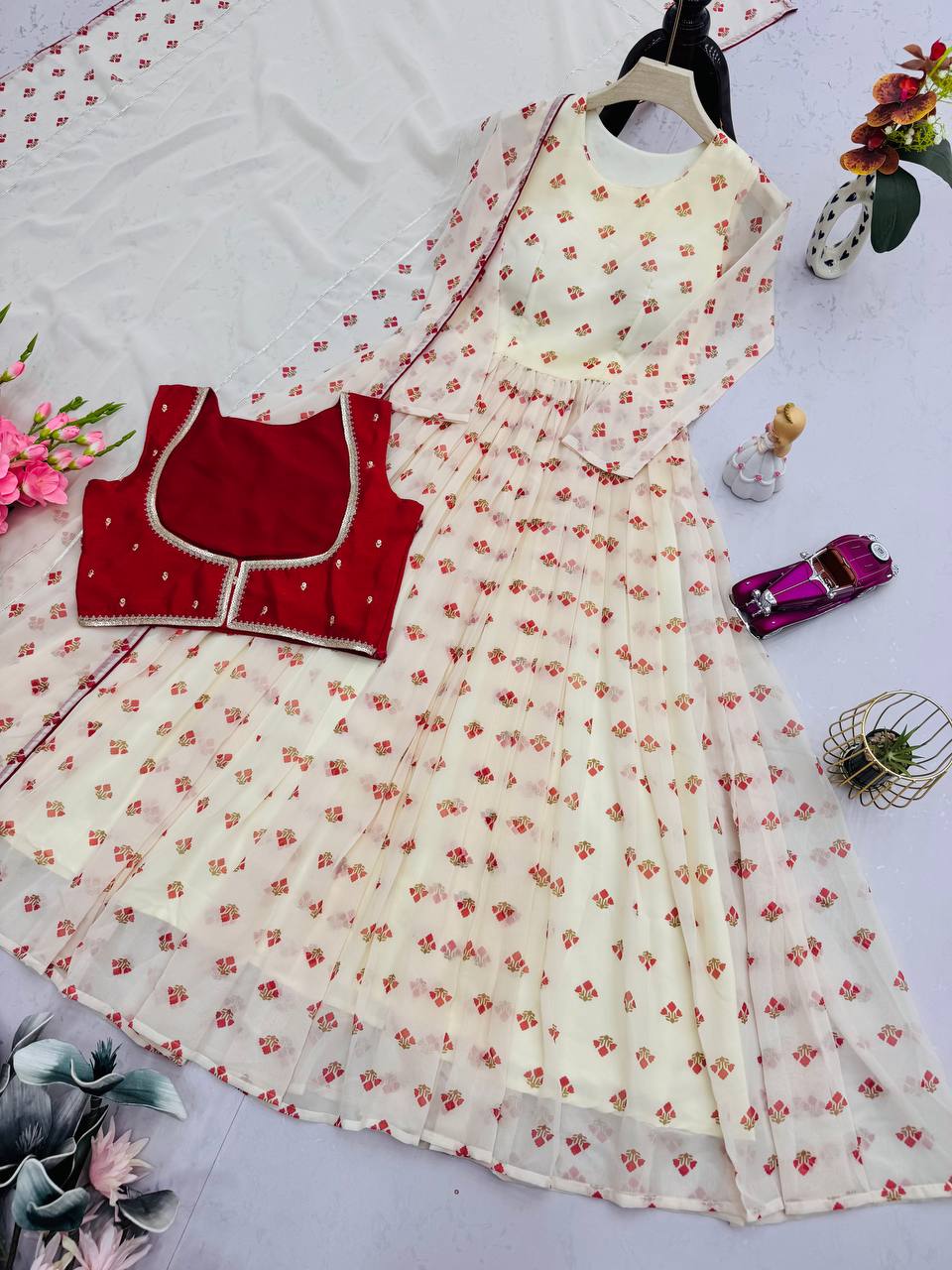 Amazing White Georgette Print Work Gown With Koti