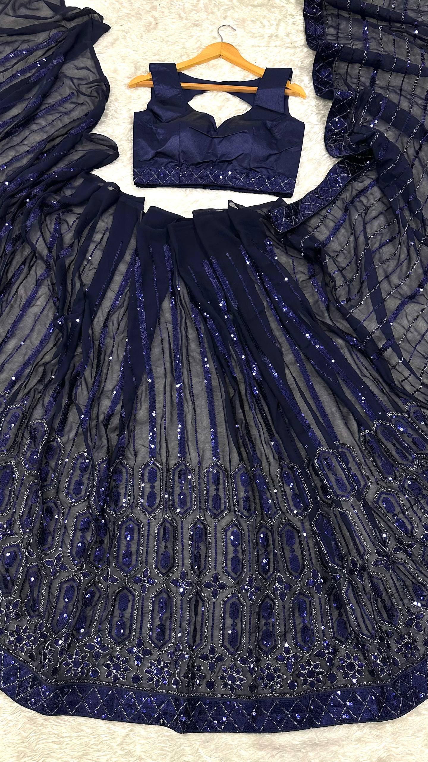 Glimmering Navy Blue Georgette Thread Work Saree