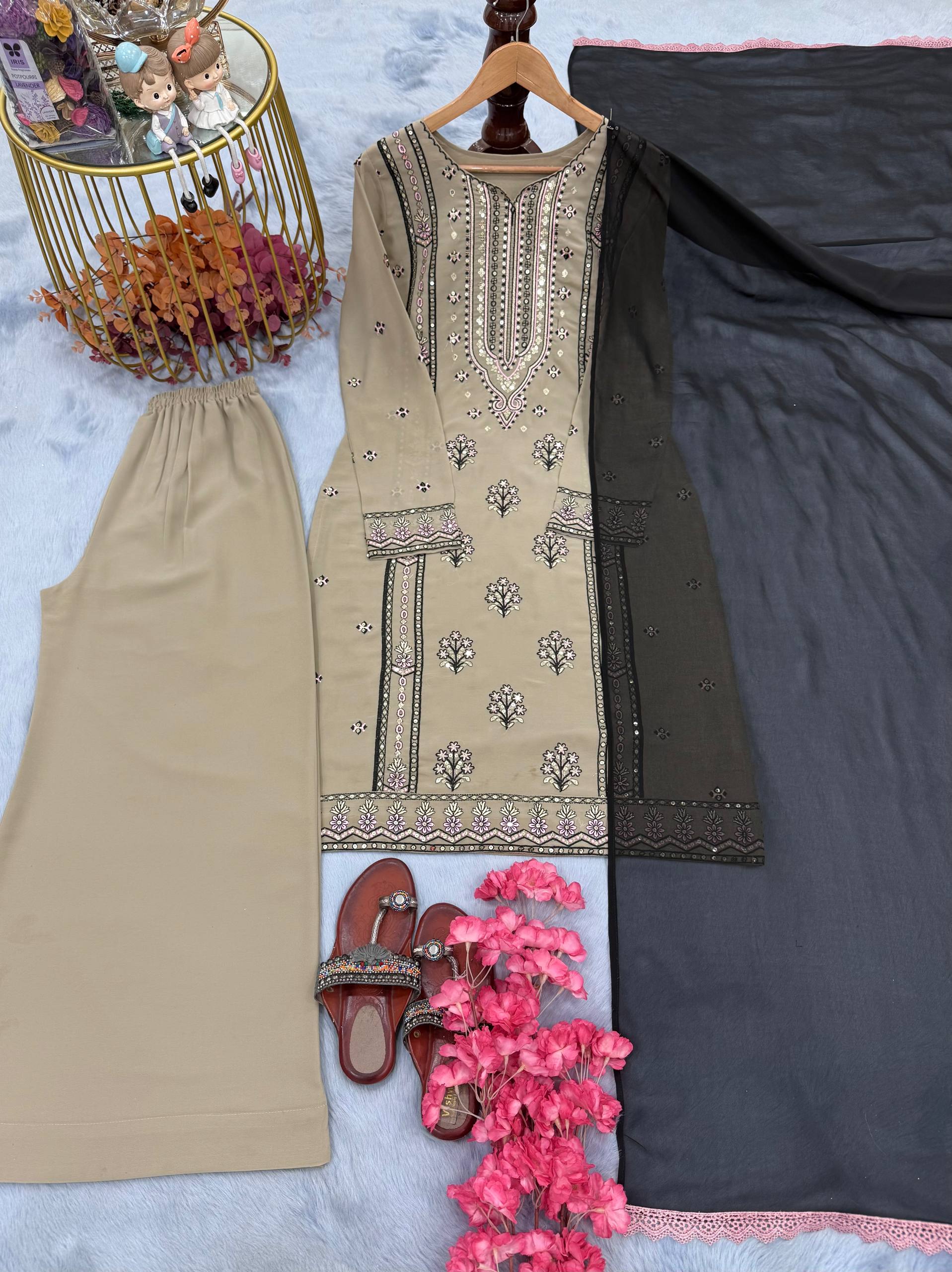 Beige Georgette Sequence Work Straight Kurti With Palazzo