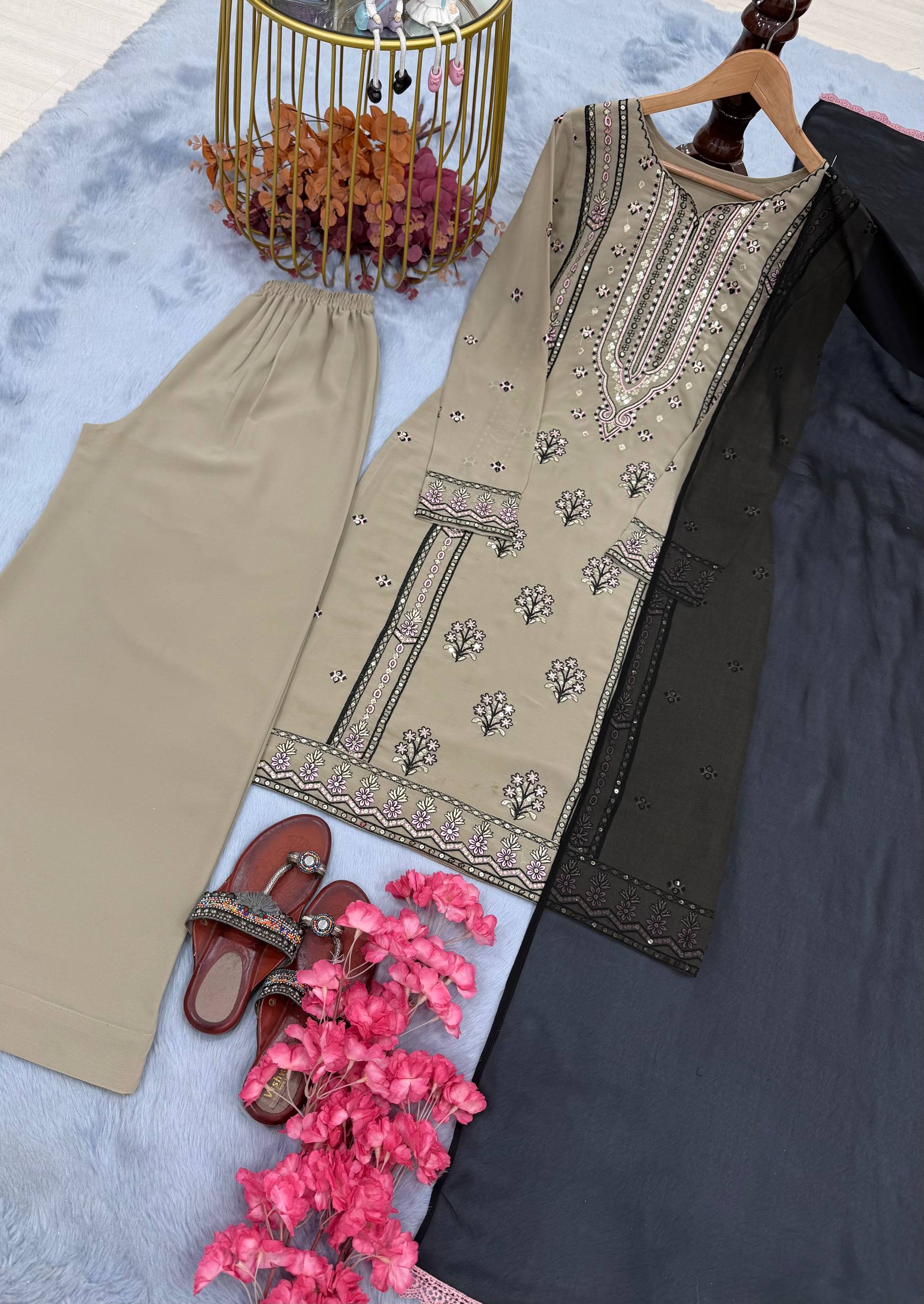 Beige Georgette Sequence Work Straight Kurti With Palazzo