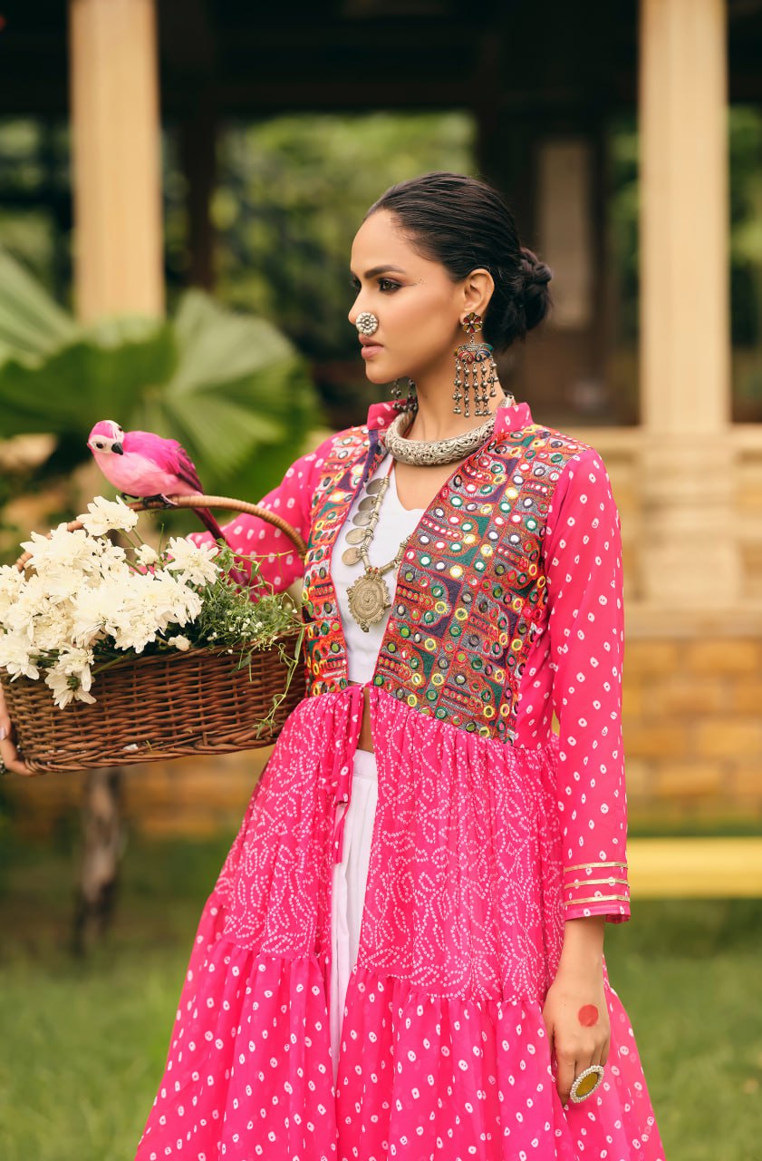 Amazing Pink Cotton Embroidery Shrug With Lehenga Choli