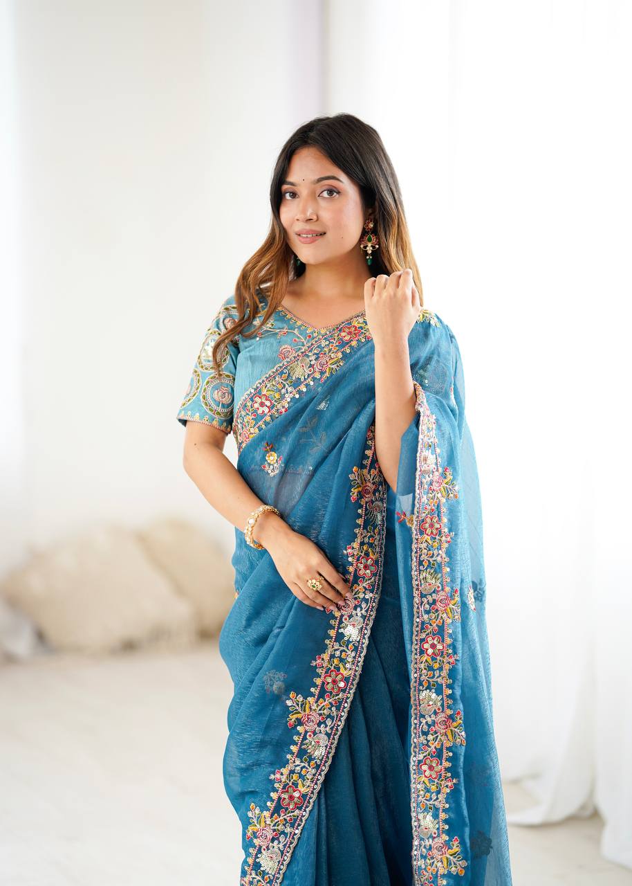 Beautiful Blue Color Embroidery Work Silk Saree