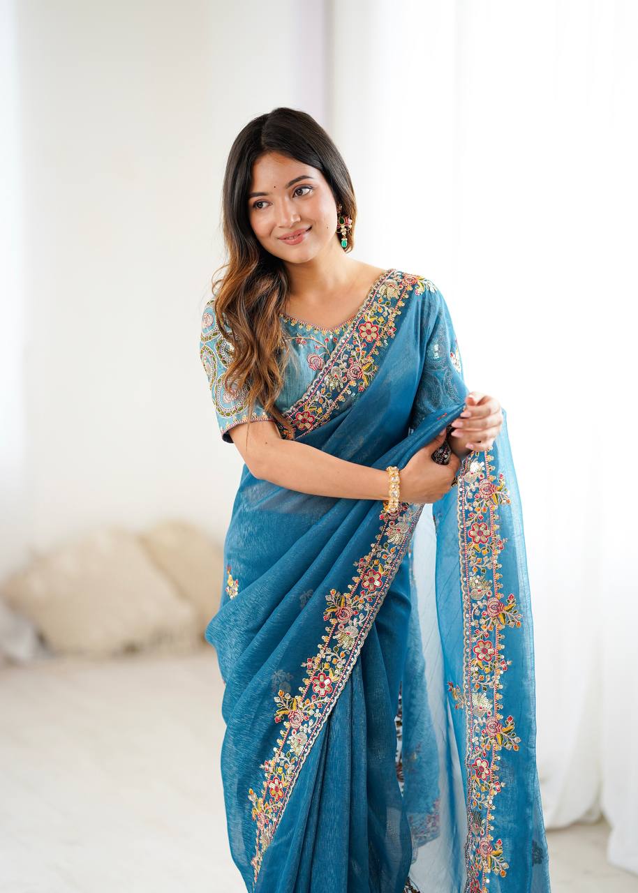 Beautiful Blue Color Embroidery Work Silk Saree