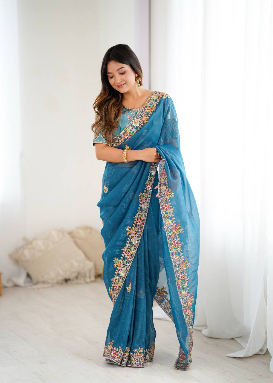 Beautiful Blue Color Embroidery Work Silk Saree