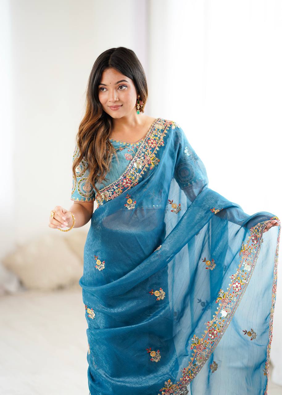 Beautiful Blue Color Embroidery Work Silk Saree