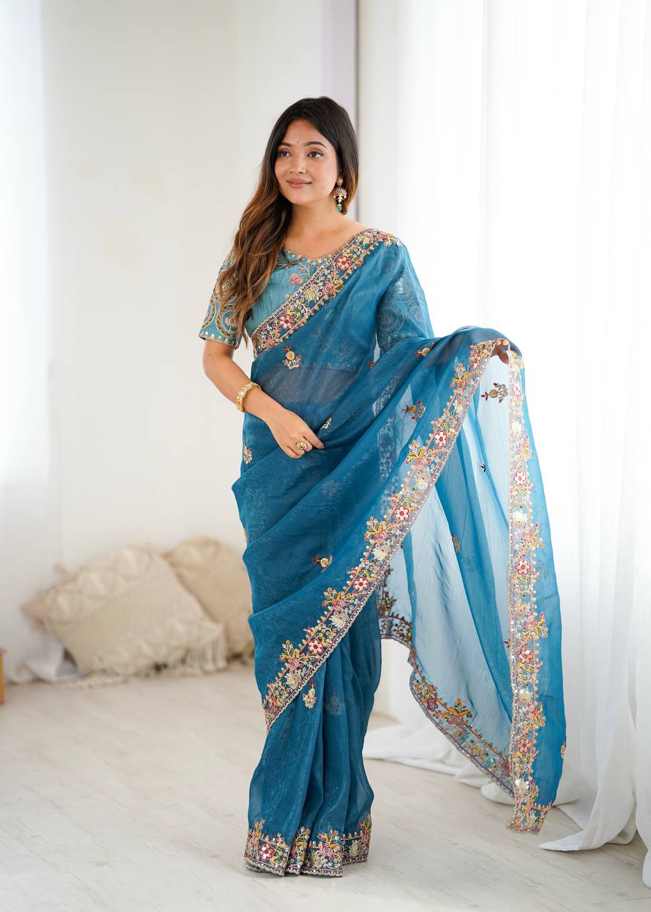 Beautiful Blue Color Embroidery Work Silk Saree
