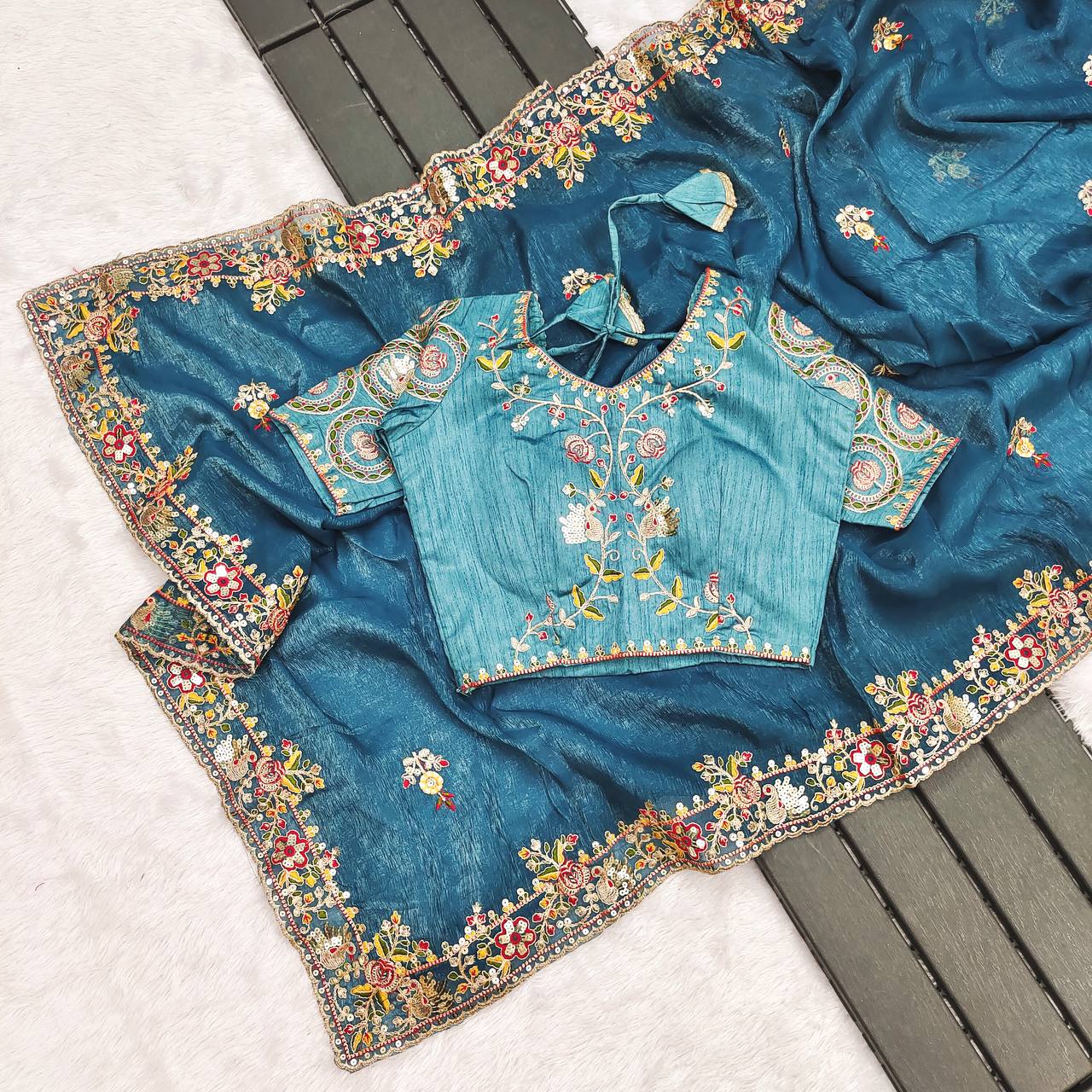 Beautiful Blue Color Embroidery Work Silk Saree