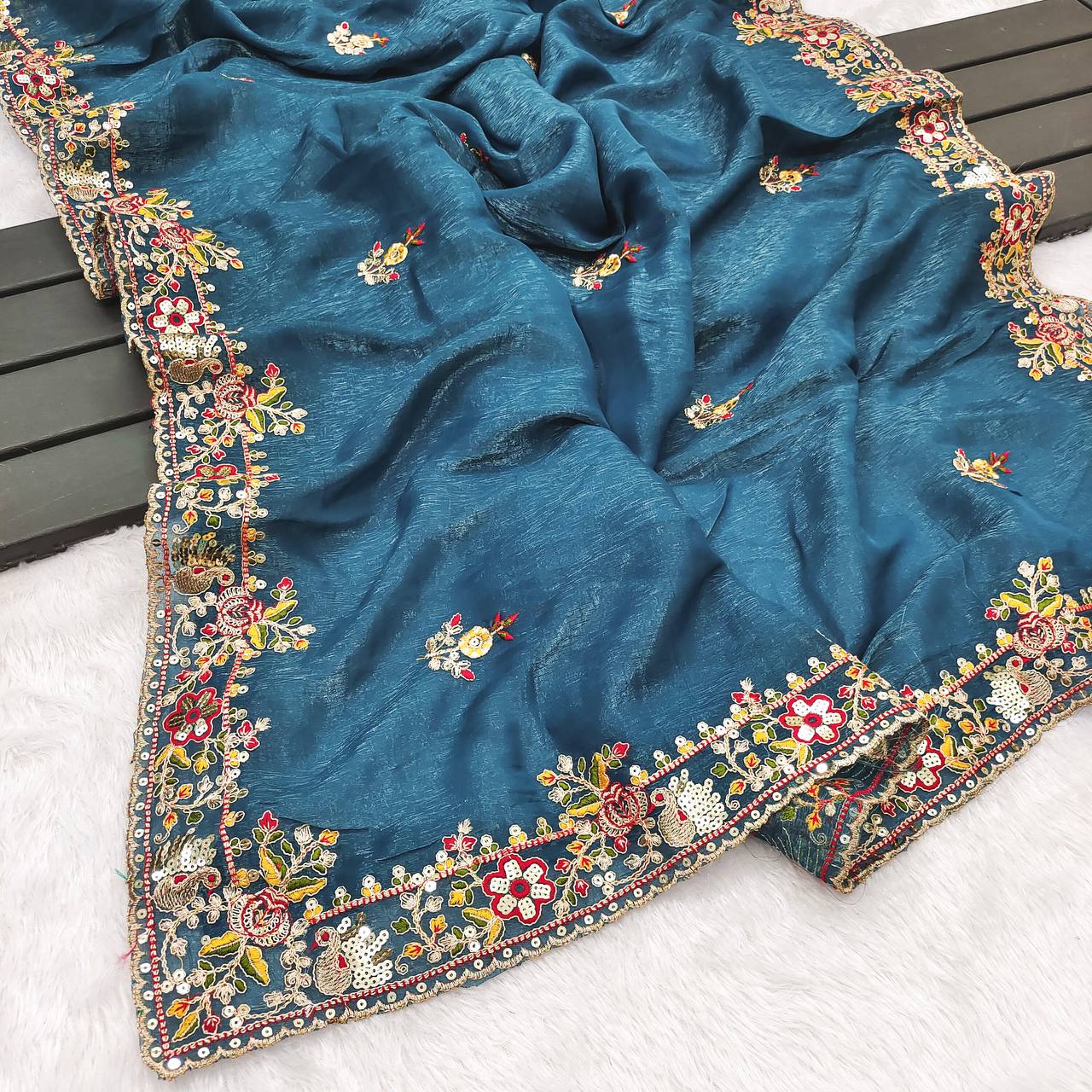 Beautiful Blue Color Embroidery Work Silk Saree