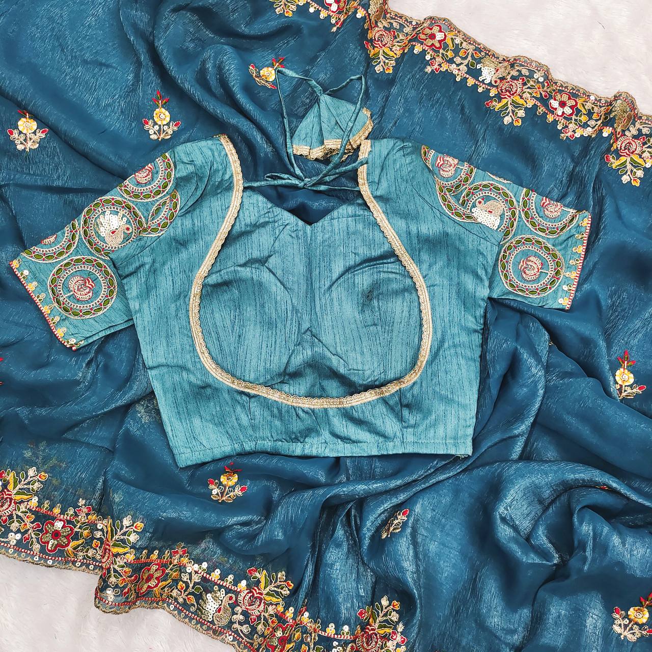 Beautiful Blue Color Embroidery Work Silk Saree
