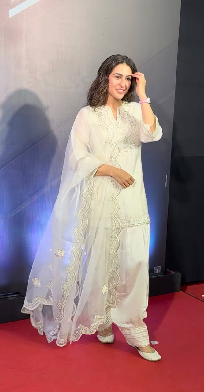 Bollywood Style White Silk Embroidery Work Palazzo Suit
