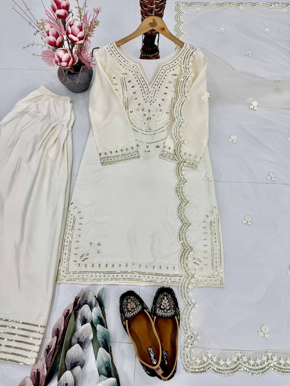 Bollywood Style White Silk Embroidery Work Palazzo Suit