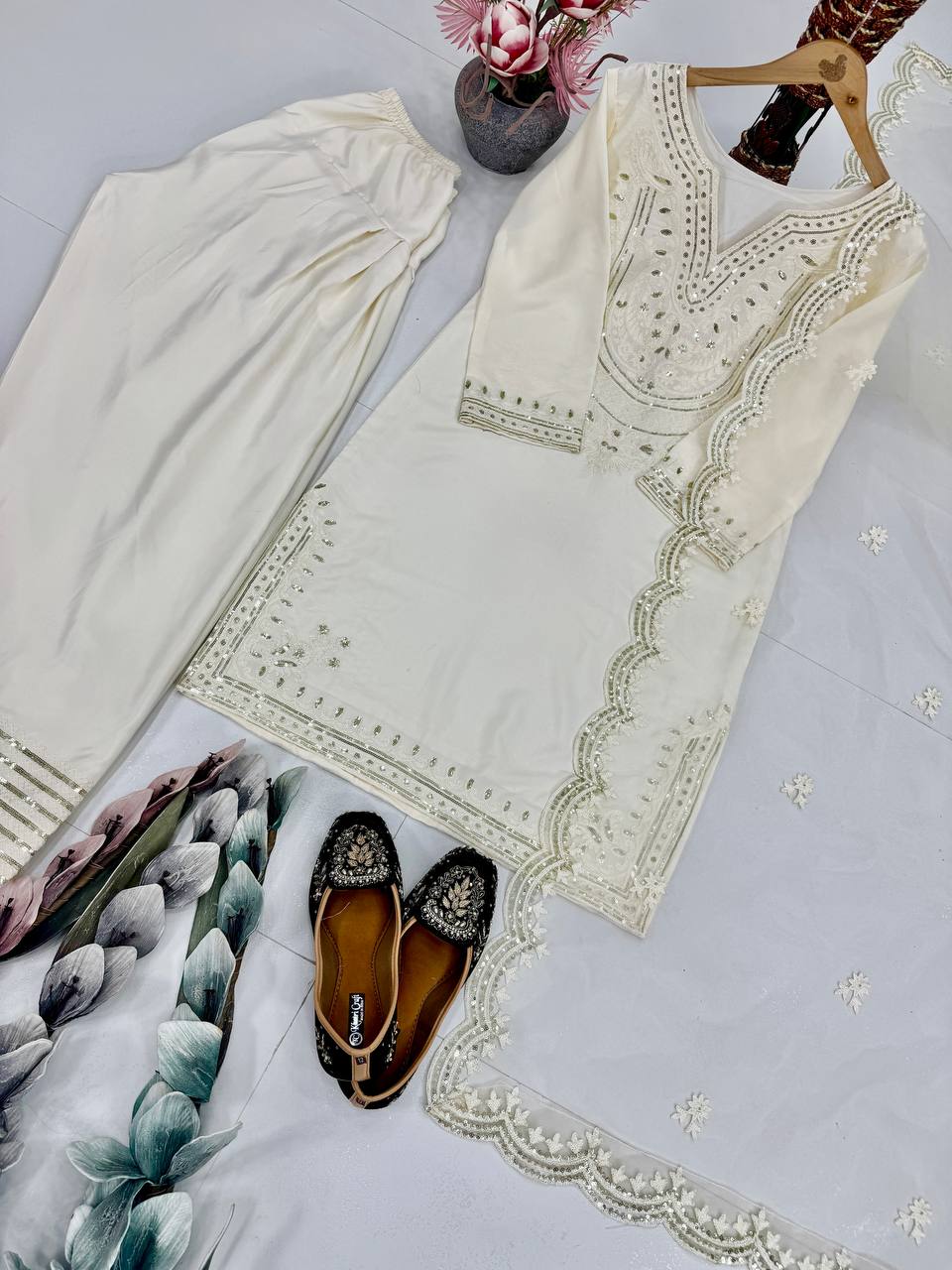 Bollywood Style White Silk Embroidery Work Palazzo Suit