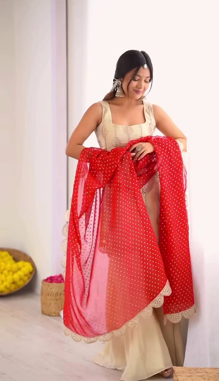 Beautiful Beige Crepe Silk Sequence Work Palazzo Suit