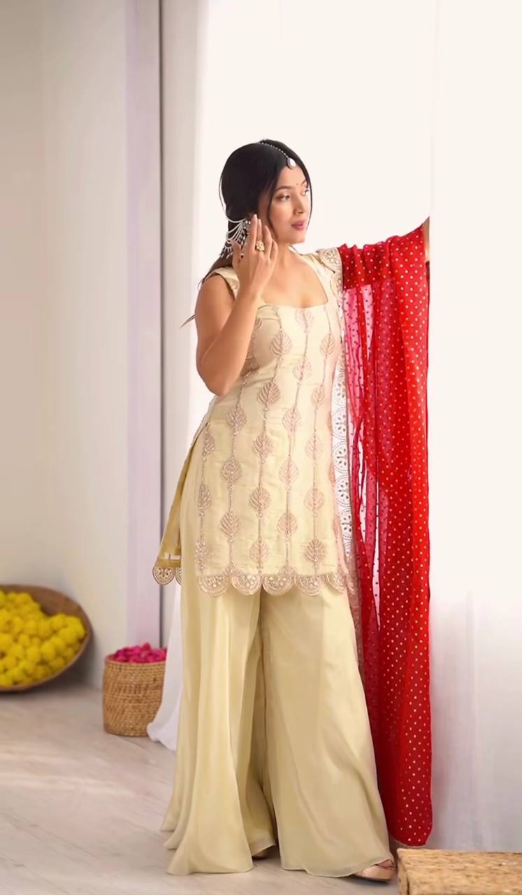 Beautiful Beige Crepe Silk Sequence Work Palazzo Suit