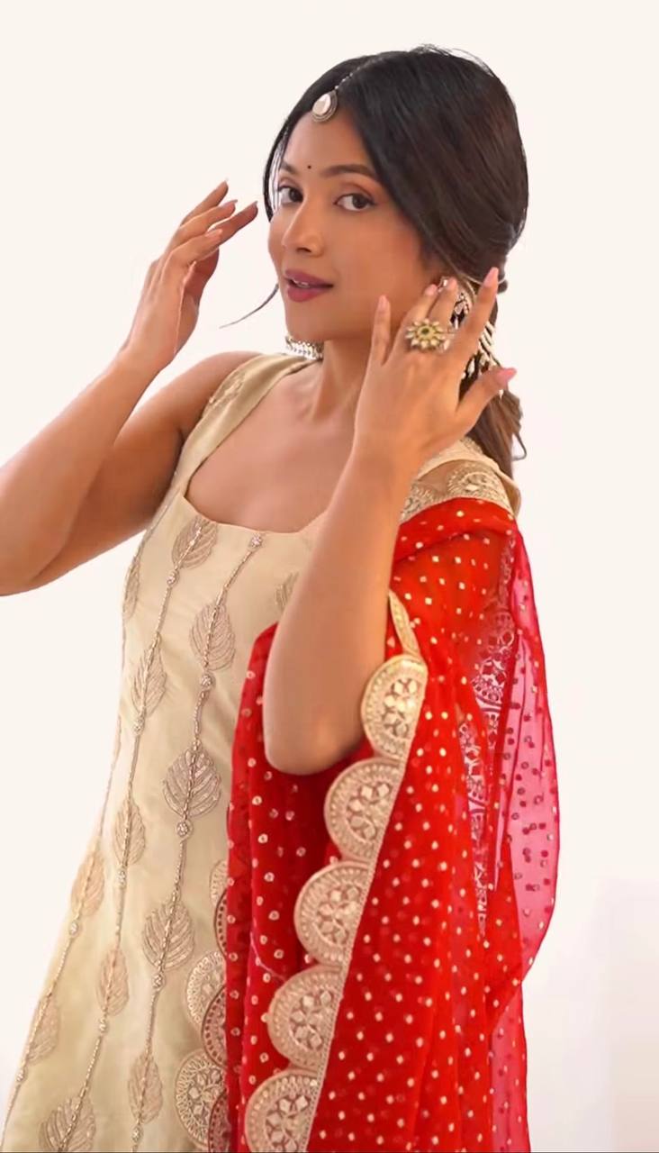 Beautiful Beige Crepe Silk Sequence Work Palazzo Suit