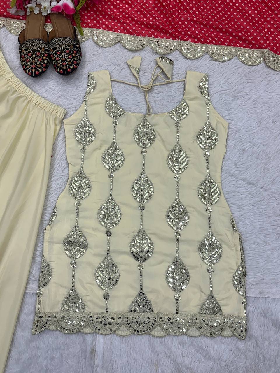 Beautiful Beige Crepe Silk Sequence Work Palazzo Suit