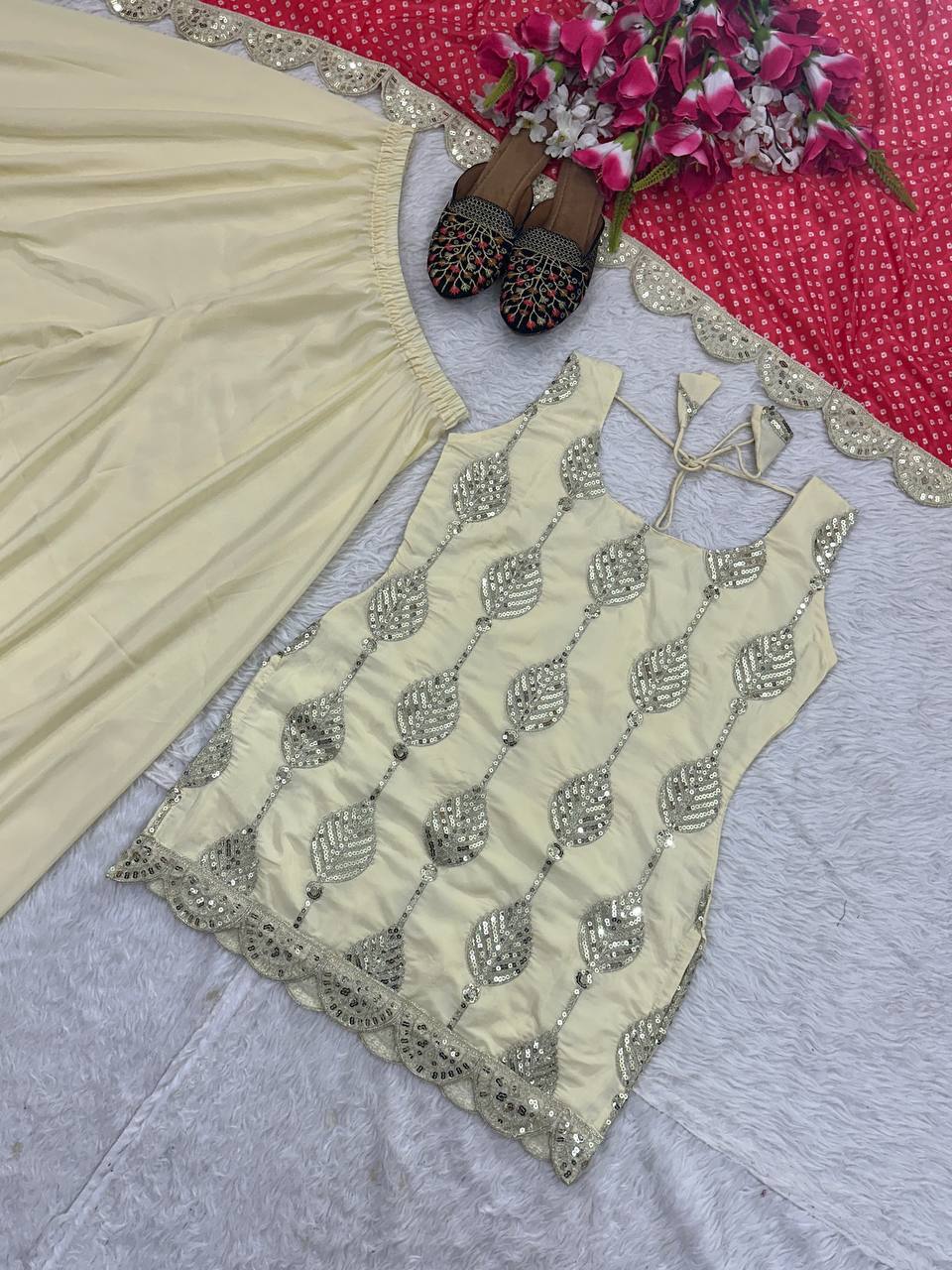 Beautiful Beige Crepe Silk Sequence Work Palazzo Suit