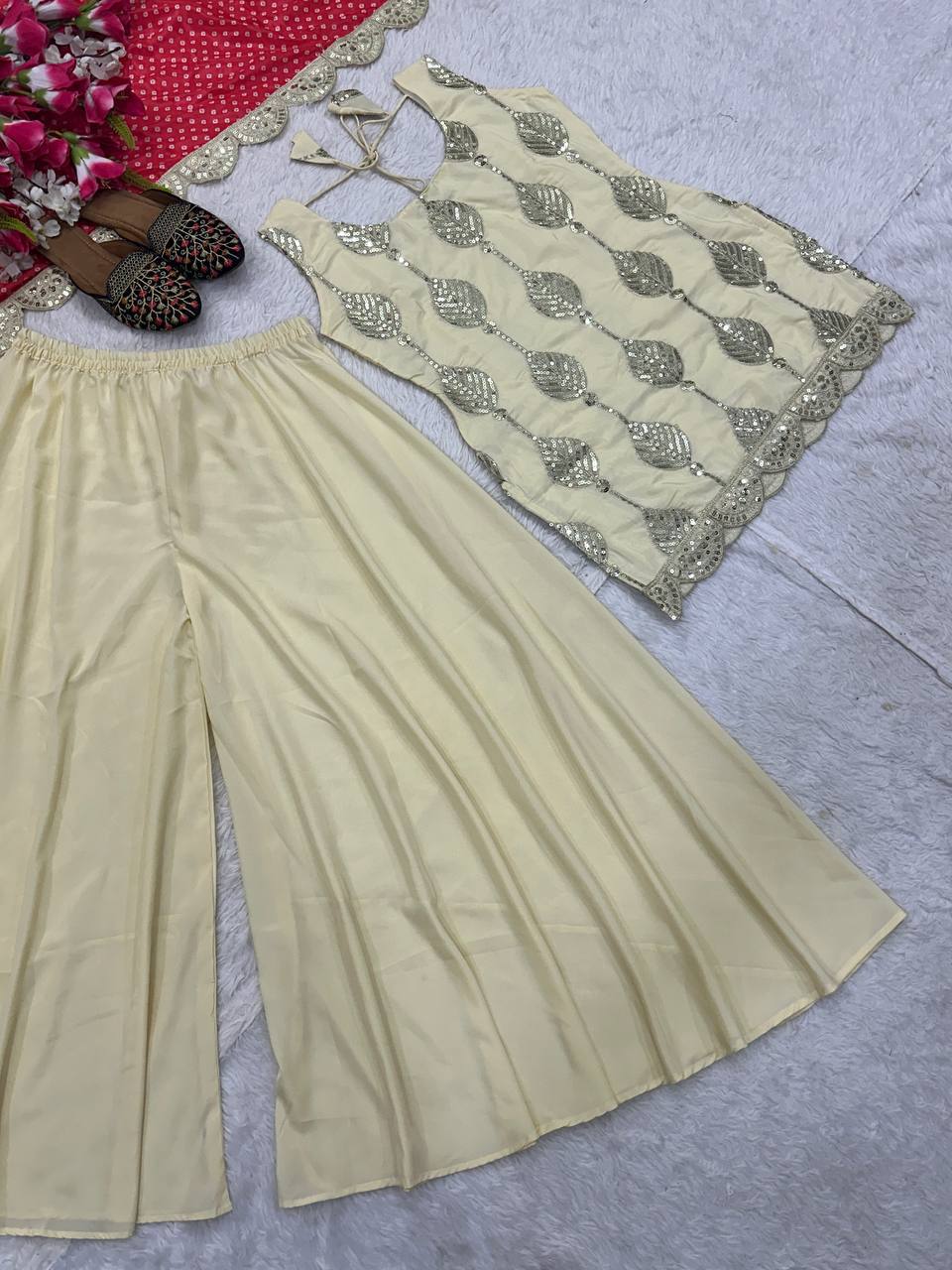 Beautiful Beige Crepe Silk Sequence Work Palazzo Suit