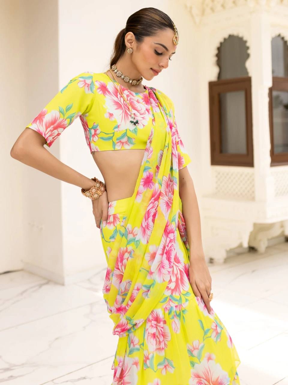 Lovely Yellow Georgette Ready To Wear Lehenga Saree