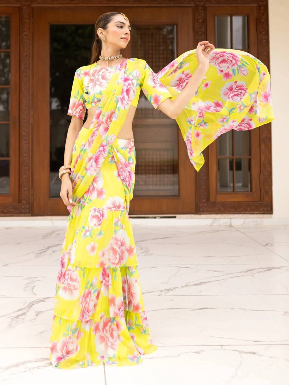 Lovely Yellow Georgette Ready To Wear Lehenga Saree