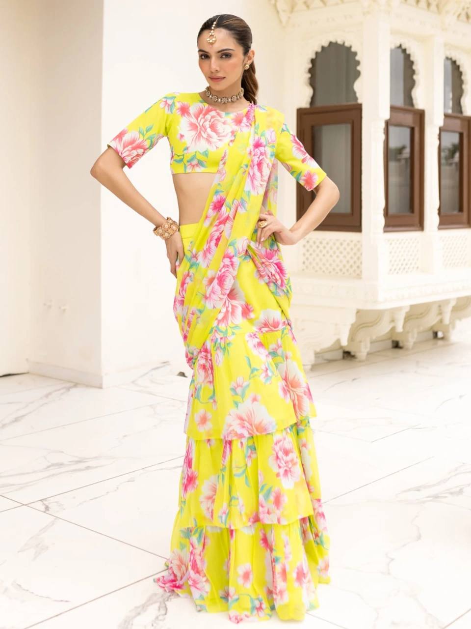 Lovely Yellow Georgette Ready To Wear Lehenga Saree