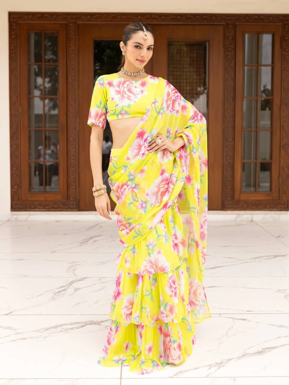 Lovely Yellow Georgette Ready To Wear Lehenga Saree