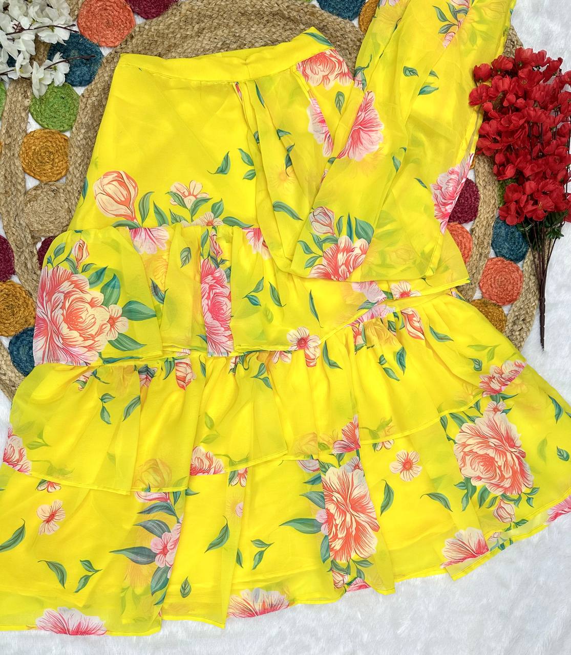 Lovely Yellow Georgette Ready To Wear Lehenga Saree
