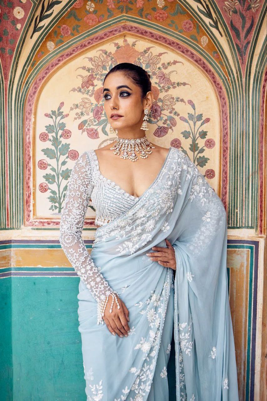Gorgeous Sky Blue Georgette Thread Work Saree