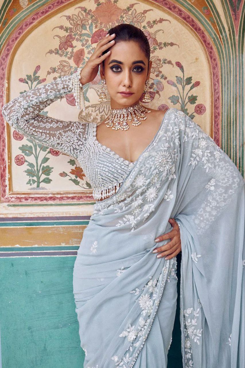 Gorgeous Sky Blue Georgette Thread Work Saree