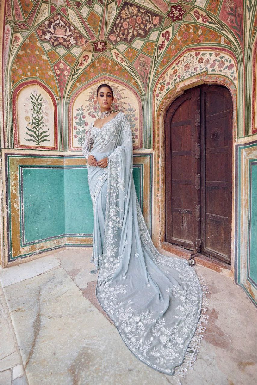 Gorgeous Sky Blue Georgette Thread Work Saree
