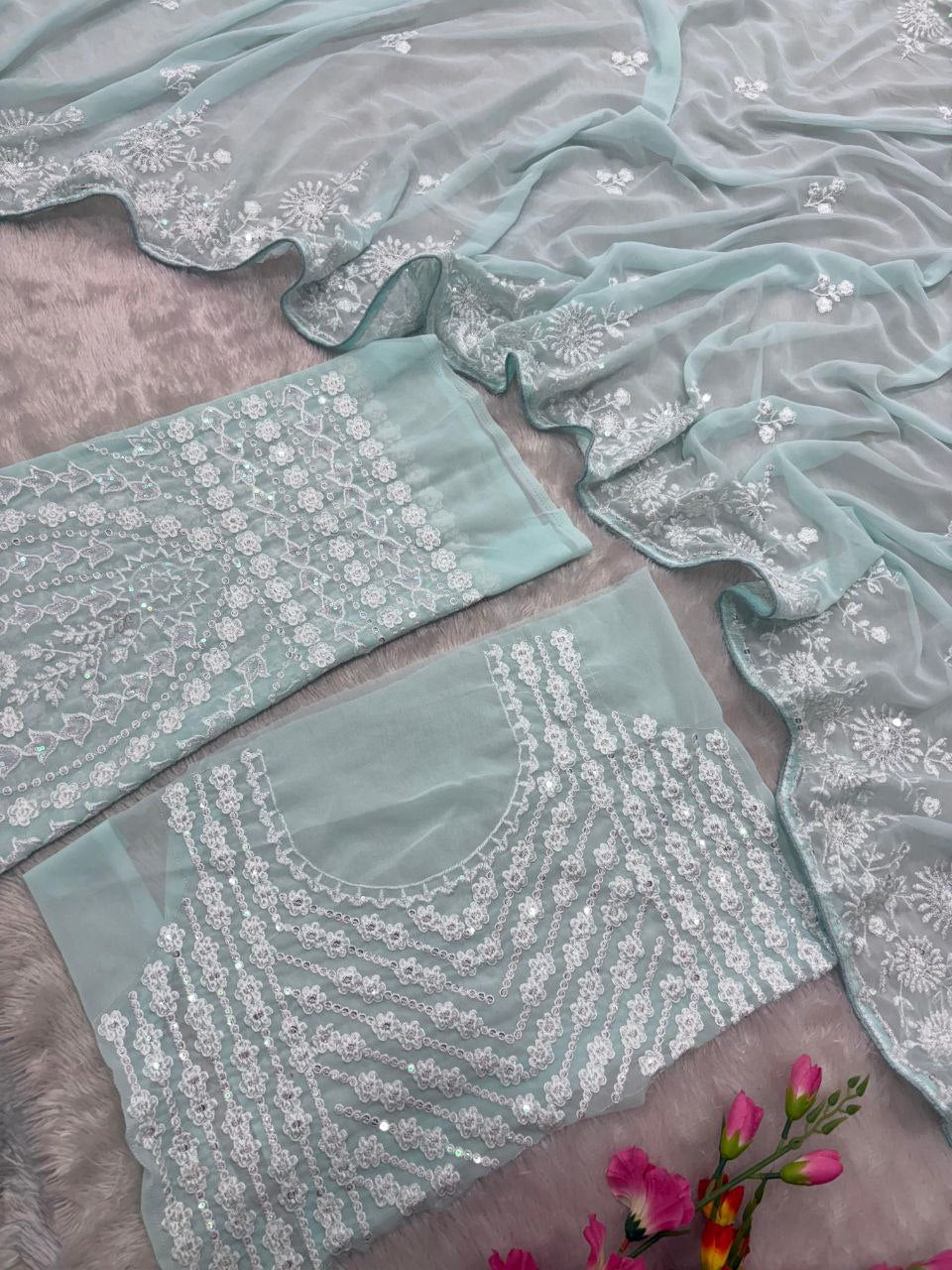Gorgeous Sky Blue Georgette Thread Work Saree