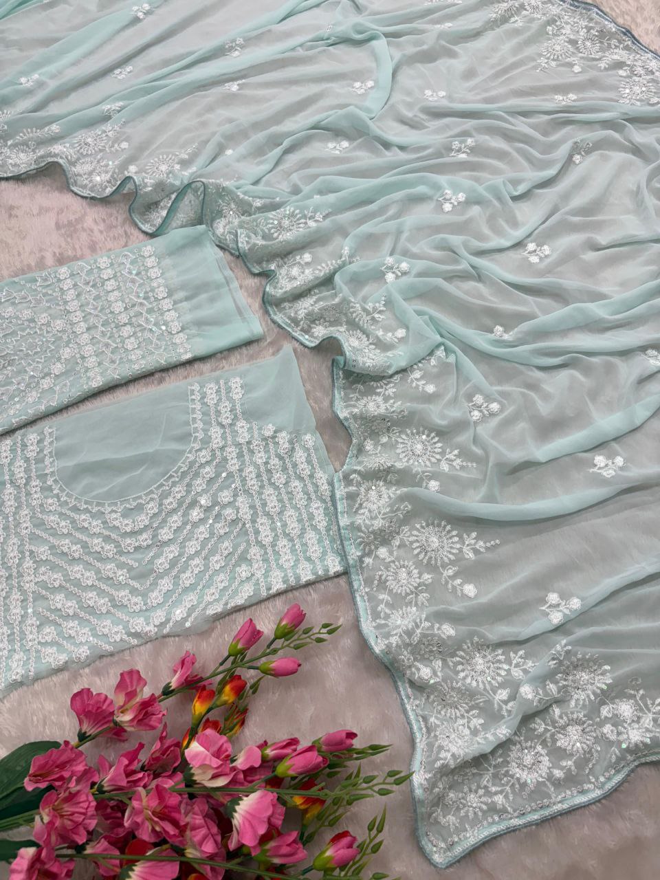 Gorgeous Sky Blue Georgette Thread Work Saree