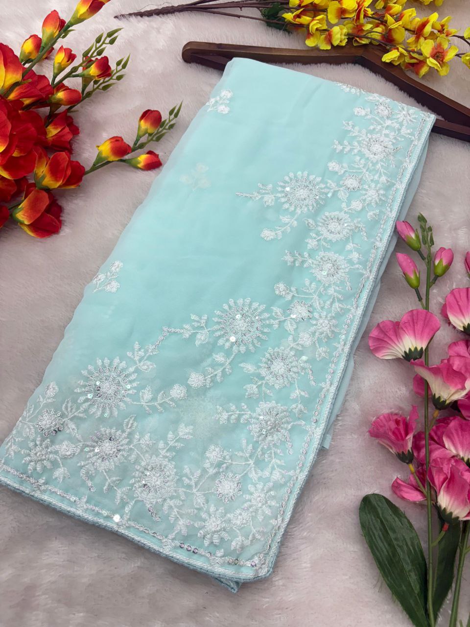 Gorgeous Sky Blue Georgette Thread Work Saree