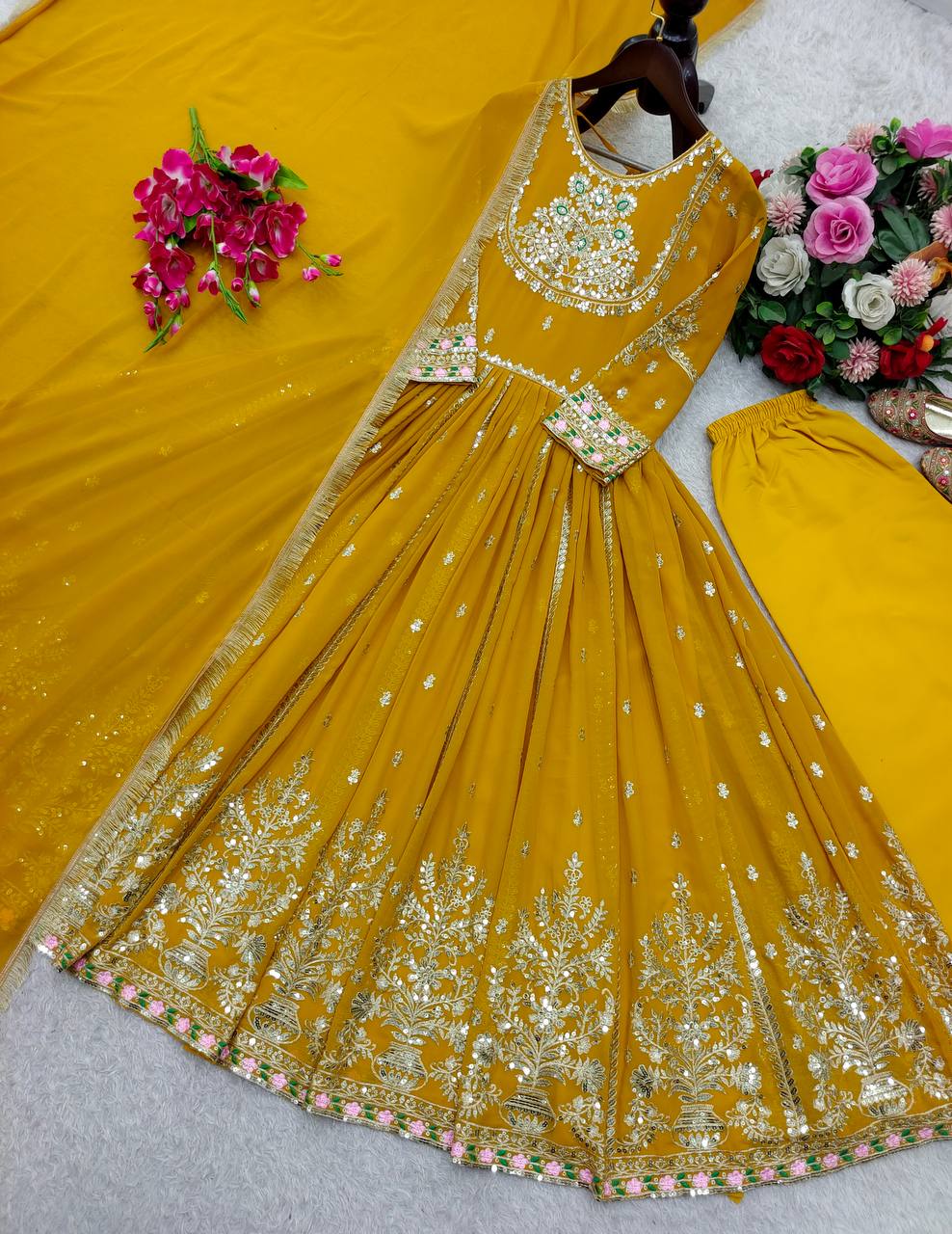 Awesome Yellow Georgette Sequence Work Designer Gown