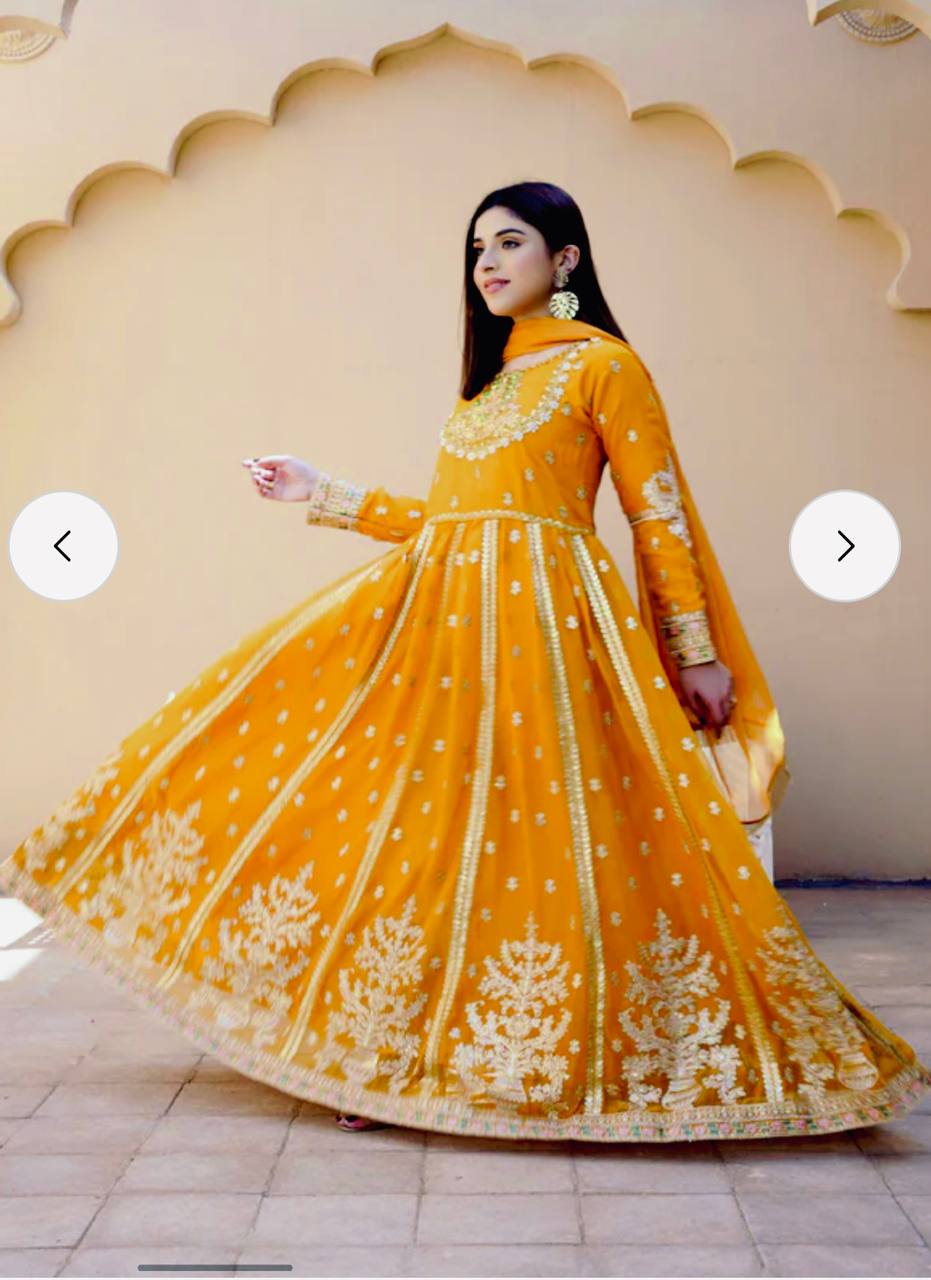 Awesome Yellow Georgette Sequence Work Designer Gown