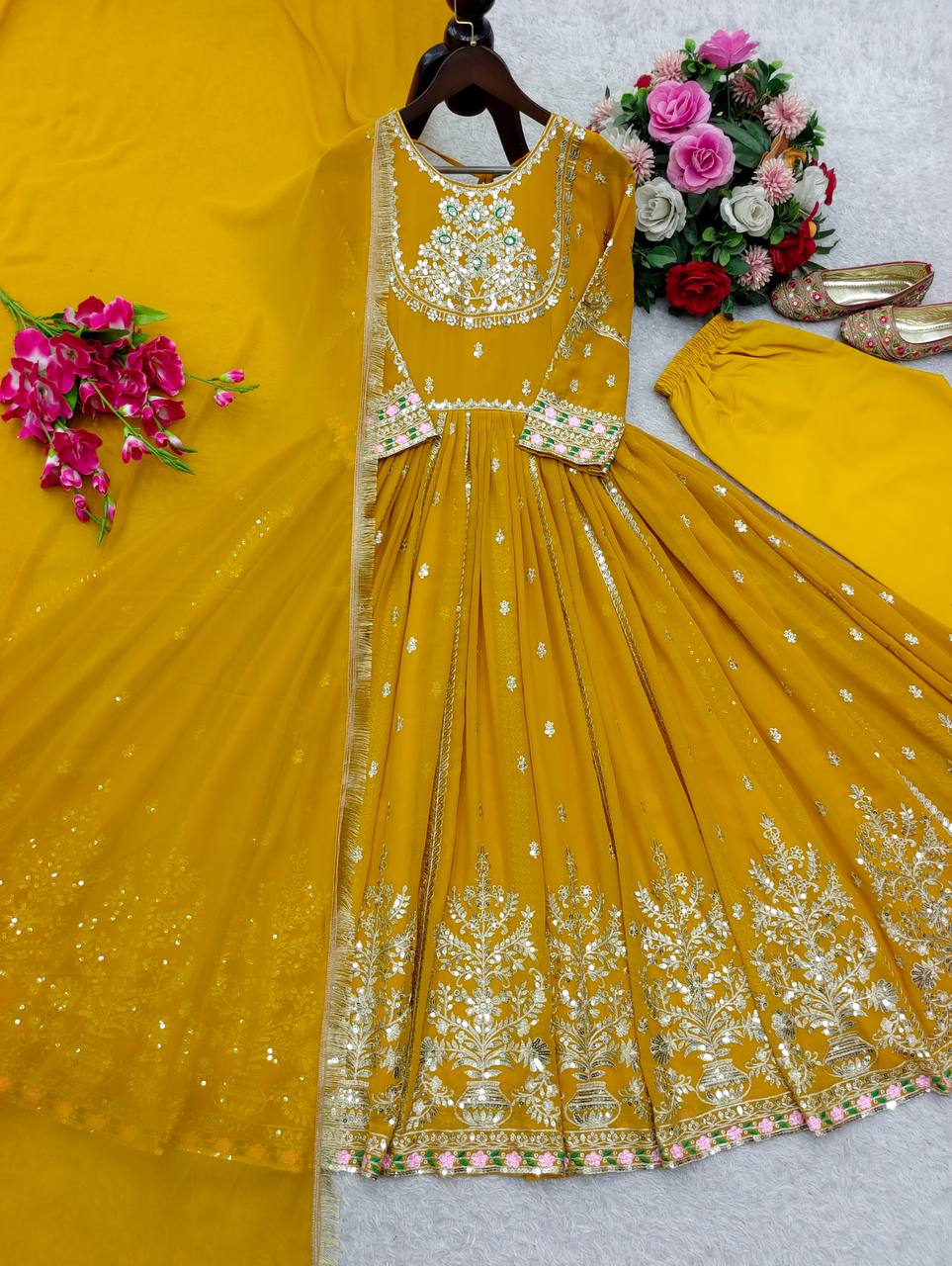 Awesome Yellow Georgette Sequence Work Designer Gown