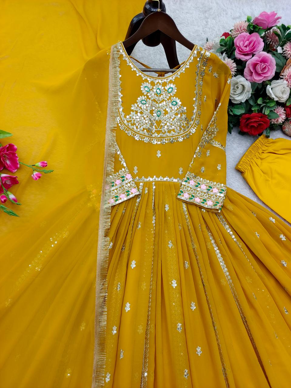 Awesome Yellow Georgette Sequence Work Designer Gown