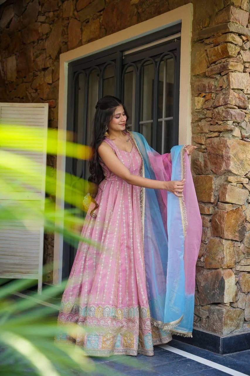 Beautiful Pink Organza Digital Printed Anarkali Gown