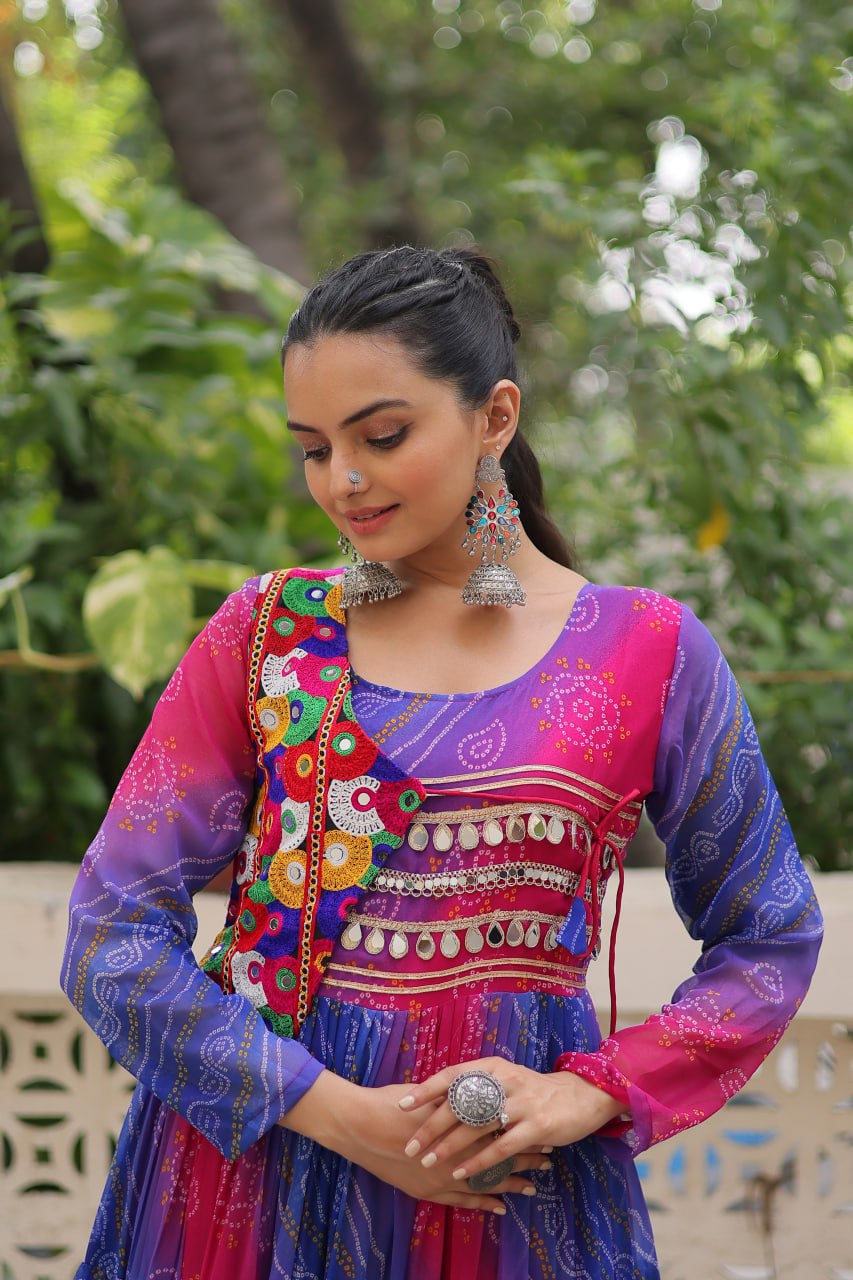 Glorious Purple Georgette Kutchi Work Gown