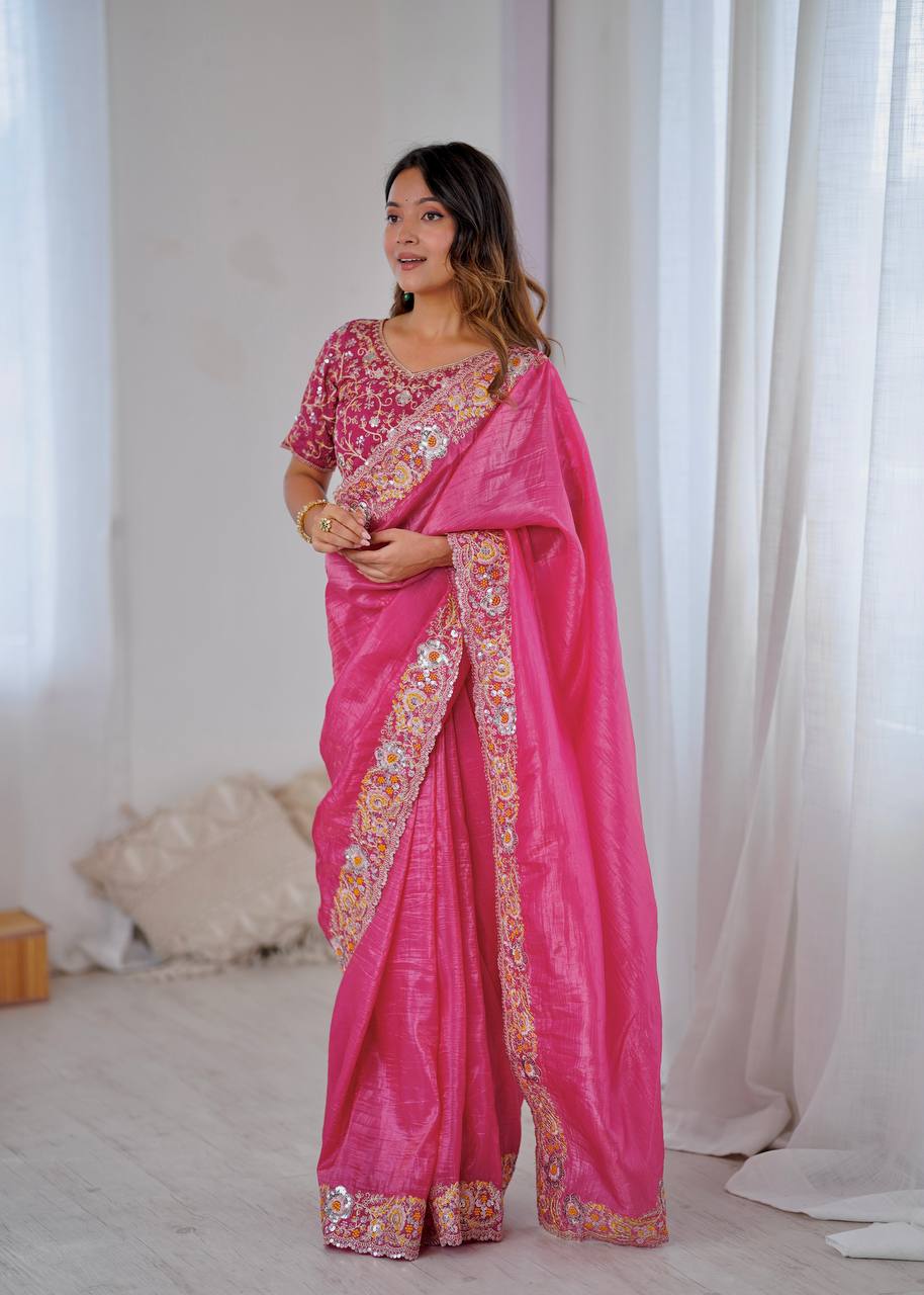 Ravishing Gold Crush Embroidery Work Saree