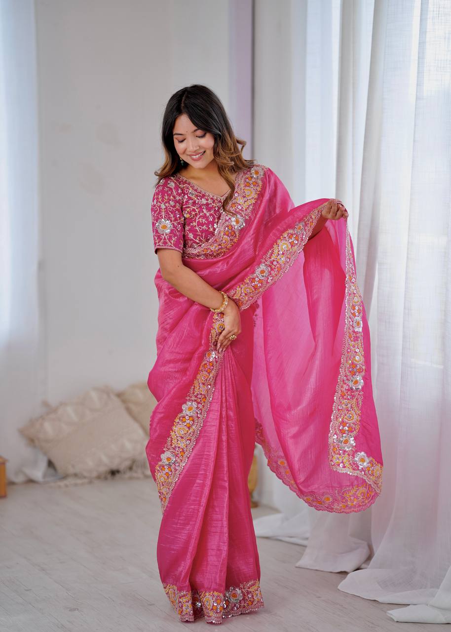 Ravishing Gold Crush Embroidery Work Saree