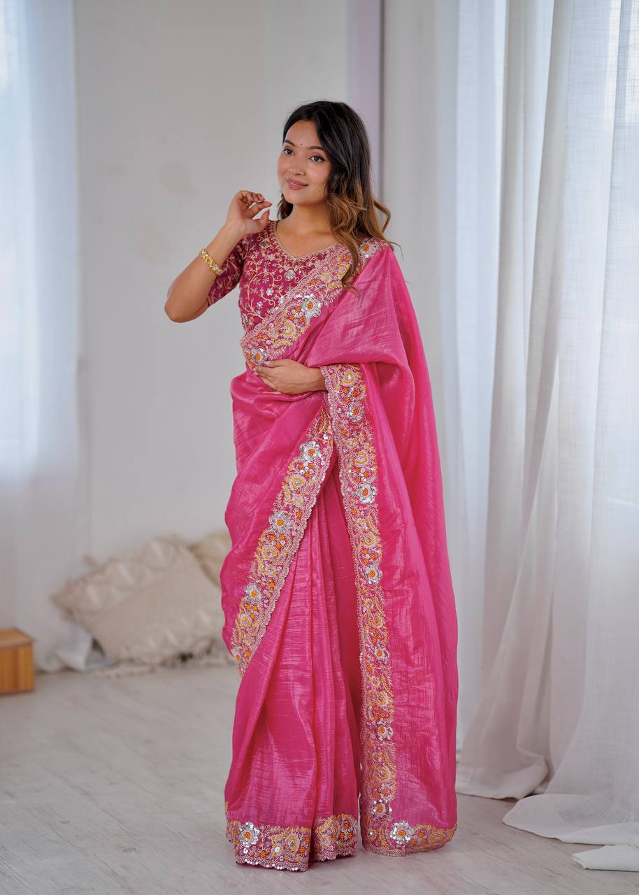 Ravishing Gold Crush Embroidery Work Saree