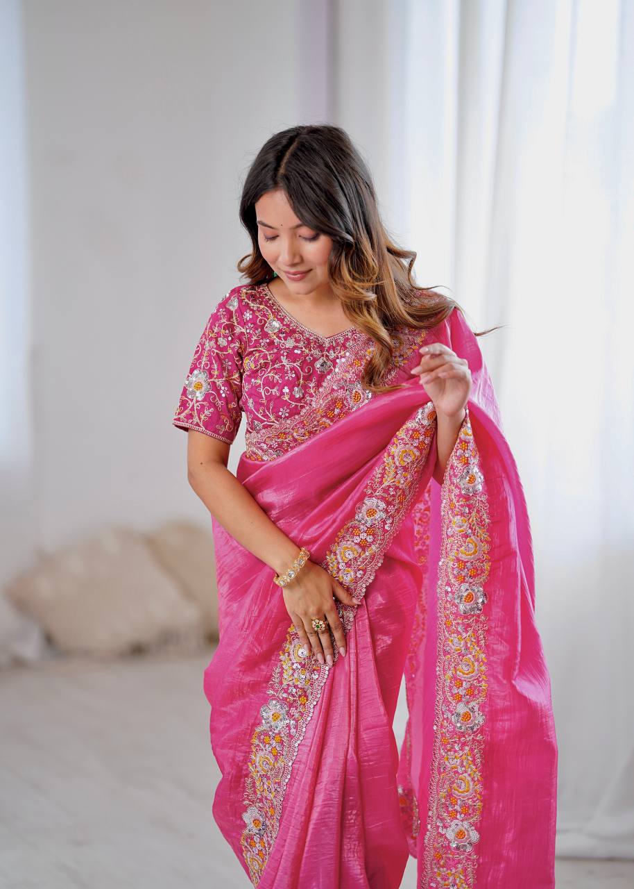 Ravishing Gold Crush Embroidery Work Saree