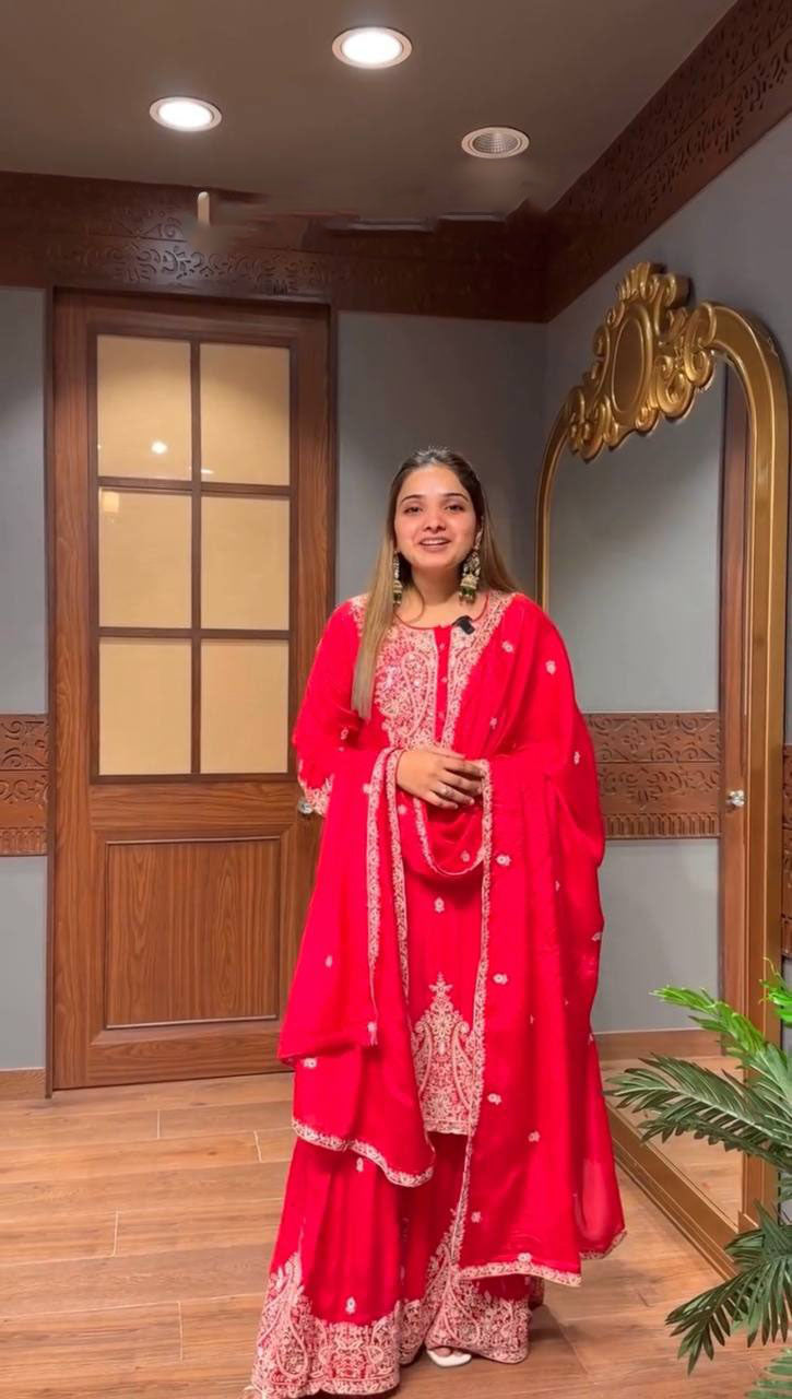 Trendy Red Georgette Embroidery Work Sharara Suit