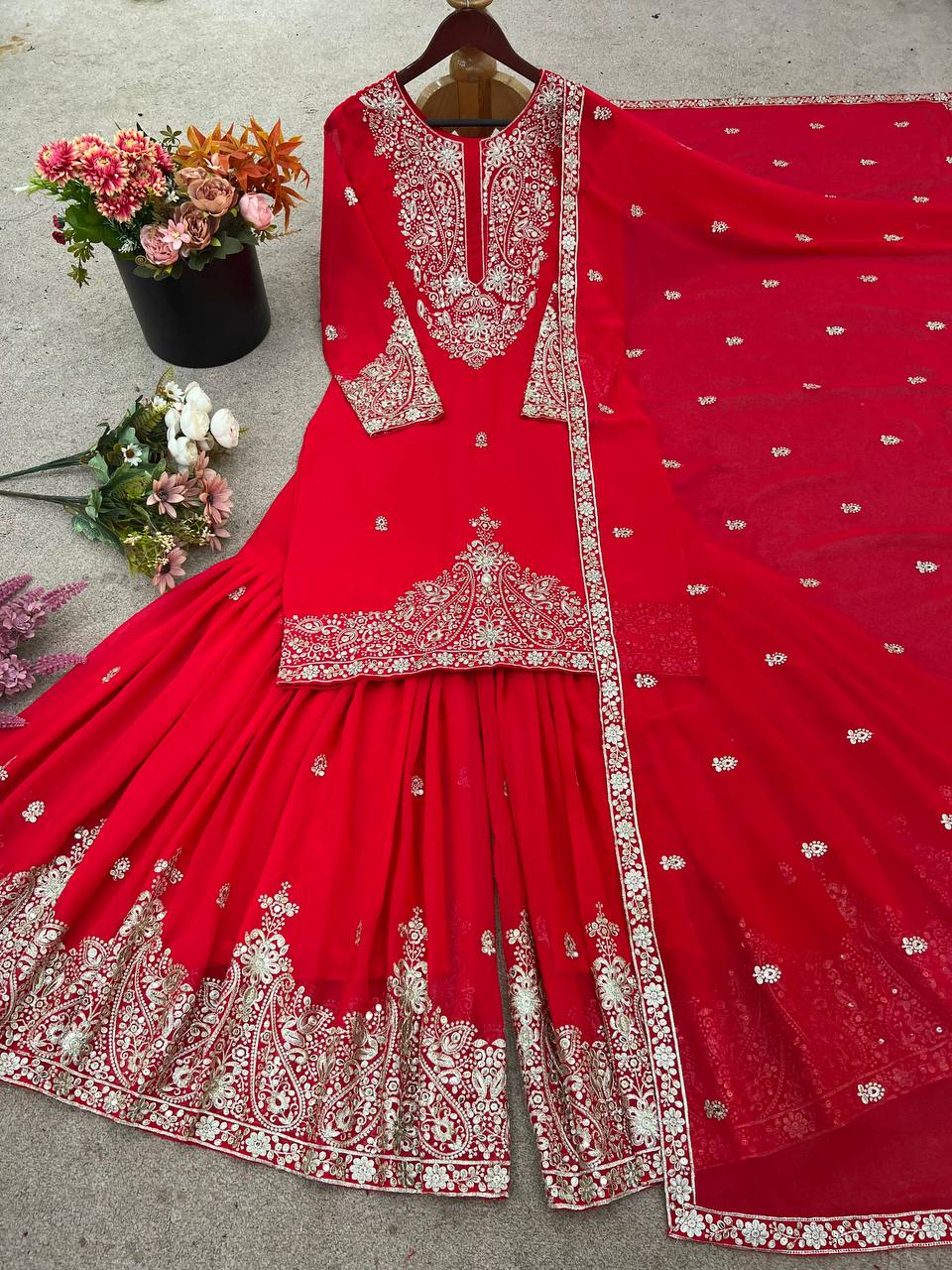 Trendy Red Georgette Embroidery Work Sharara Suit