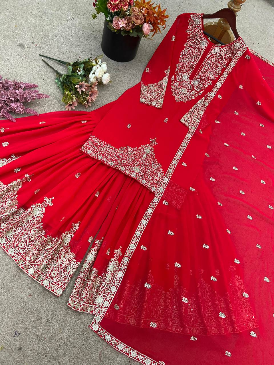 Trendy Red Georgette Embroidery Work Sharara Suit