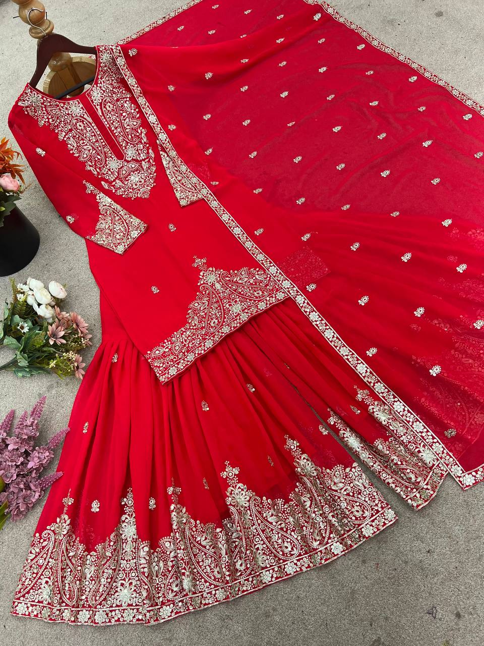 Trendy Red Georgette Embroidery Work Sharara Suit
